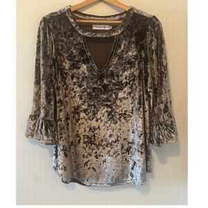 Women's Billy T Crushed Silver Velvet Cutout Neckline Ruffle Sleeves Top Size M